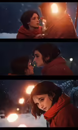 two people in the snow with lights