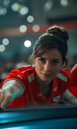 a girl in a red uniform looks into the distance