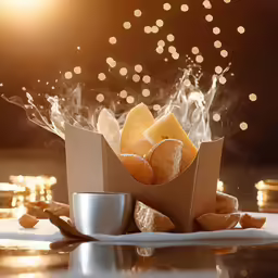 two cups on a table with a box and some snacks in it