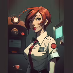 an animated girl with red hair wearing a uniform and looking into the camera