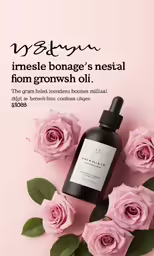 some pink roses and a bottle with text