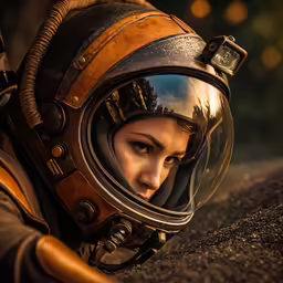 woman wearing an old space suit and helmet