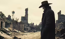 a man standing in an abandoned city, wearing a hat