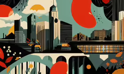 a drawing shows many different city buildings