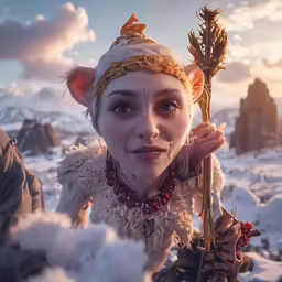 a woman dressed in elf makeup holding a plant