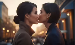two women who are kissing each other in a city
