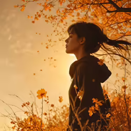 a woman standing in a field with flowers at sunset