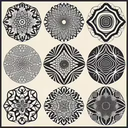 nine drawings with circular shapes on white background,a selection of art work, made up of circle shapes