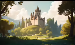 a painting with a castle and trees in the background