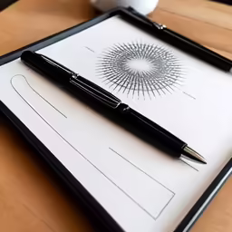 pen laying on top of note pad with coffee mug