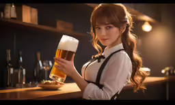 a beautiful woman holding up a beer
