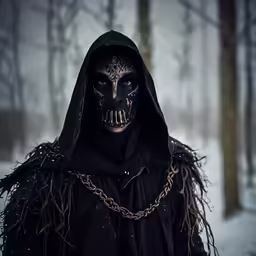 a man in black with an evil face and hood