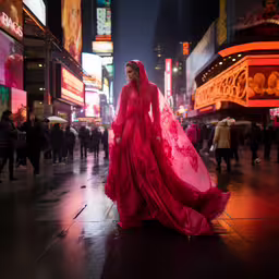 there is a lady in a pink dress in the street,a person wearing a dress is walking in a street