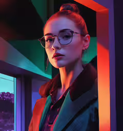the young woman wearing glasses looks out a window,a young woman wearing eyeglasses posing for the camera