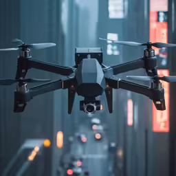 a drone flying in the air over a street