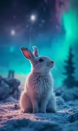 a white bunny in front of a green sky