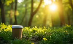 a coffee cup on grass with the sun shining