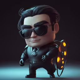 the black suit character is looking like he is holding a piece of metal