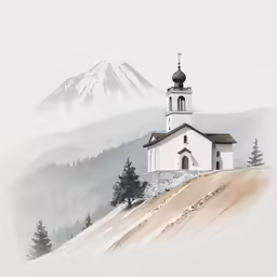 a sketch of a church on a hill