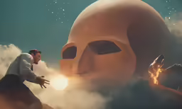 a man standing in front of a large sphere with the light shining