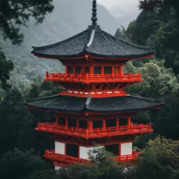 the tall red and white pagoda stands in front of some trees