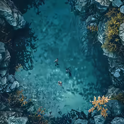 a painting of two people swimming in an aquarium