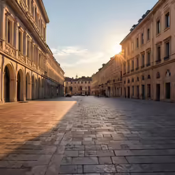 the sun shines through the building windows of an empty courtyard