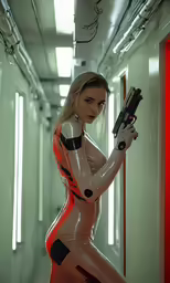 a woman dressed as the robot in white is holding a gun