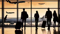 silhouettes of people with luggage at an airport,several people waiting with their luggage at an airport
