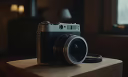 an analog camera sitting on top of a wooden table