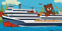 a cartoon bear is jumping off the boat to a sea,a bear sitting on top of a boat
