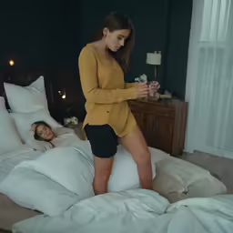 a woman is standing on a bed next to a man