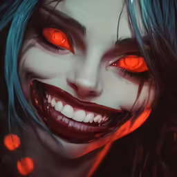 the woman is dressed up in creepy makeup and red eyes