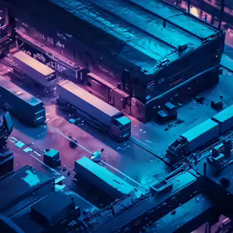 the aerial view of trucks are on the side of a road