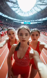 four girls standing next to each other in red bodysuits