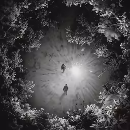 two people walking through the snow with a light on