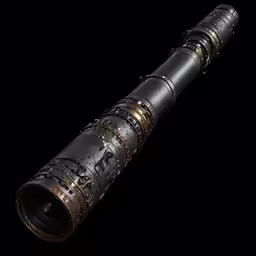 a black and silver telescope with gold details