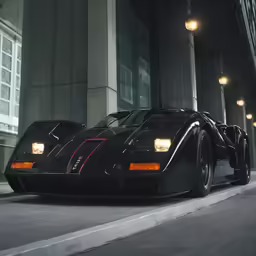 a very sleek looking black car is in a city