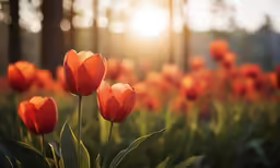 a field of flowers with the sun behind them