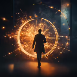 a man in a suit walks near a circular design