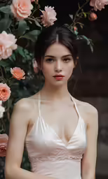 a young lady in a wedding dress with flowers in the background