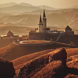 the hills in the background has small houses near the castle