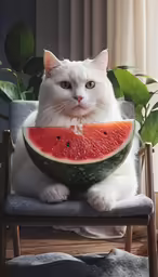 a cat with a slice of watermelon in his hand