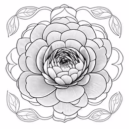 a stylized drawing of a flower that i did,an intricately designed flower on a white background,a drawing of a large white flower with leaves,a drawing of a flower that is black and white,a simple drawing of a flower