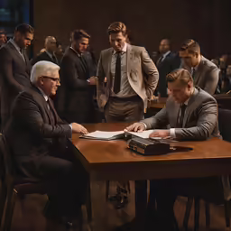 a group of men in suits sitting around a table