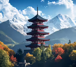an oriental building sits in front of a snowy mountain