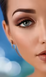 the woman has light blue eyes and is staring at something