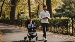 a man walking next to a young boy in a stroller