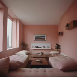a pink living room with a white couch
