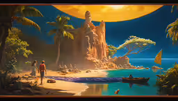 an animation scene of two people standing on the shore,two people on a beach next to a tower with a boat